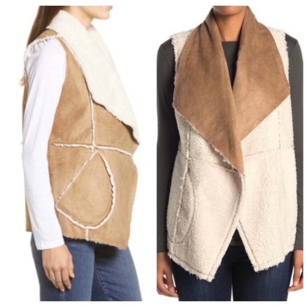 Caslon Faux Shearling Vest Brown Womens Large Open Front Draped Collar Boho